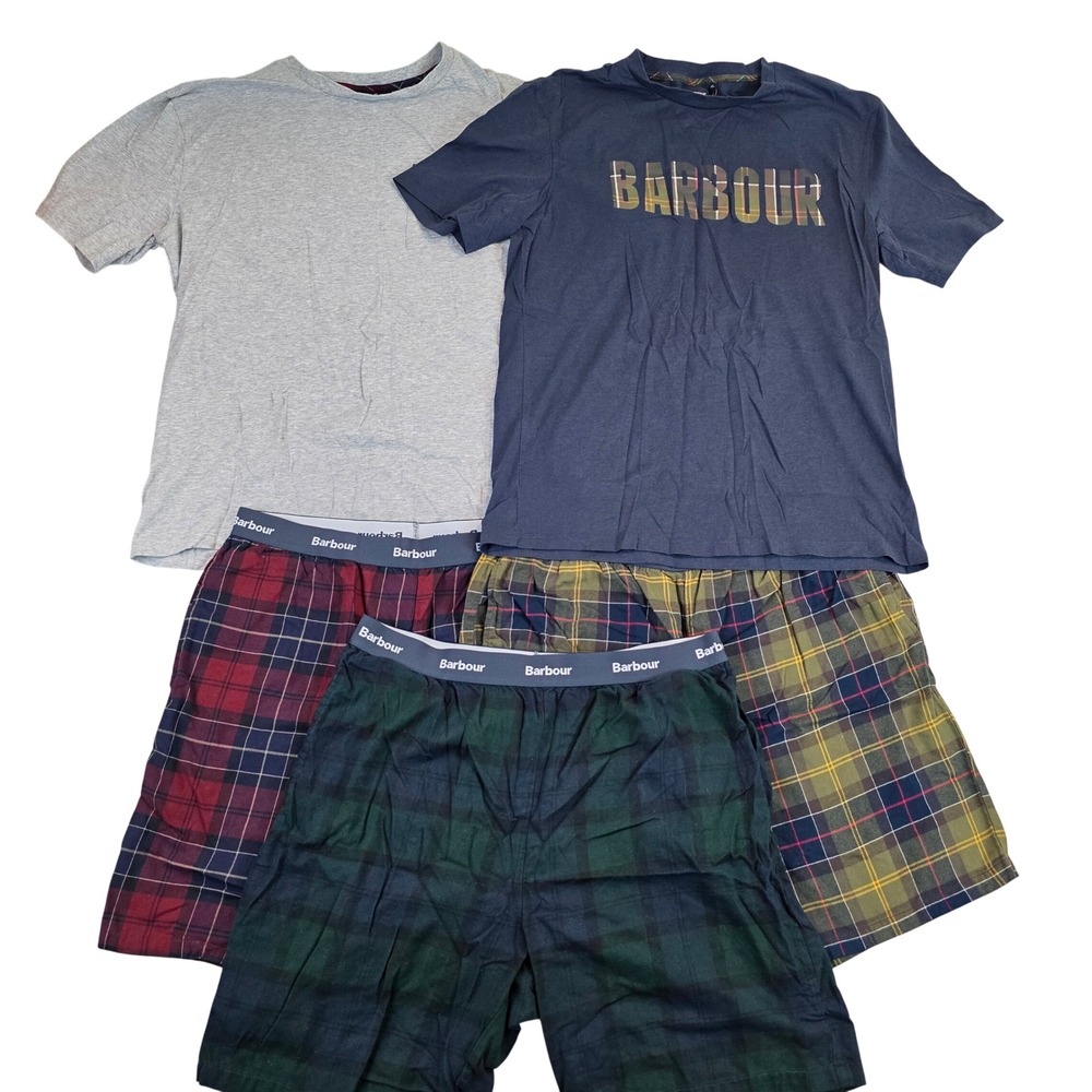 Barbour Mens XL Cotton Pajama Set 5pc Bundle Tartan Plaid‎ Shirts(2) Shorts(3)